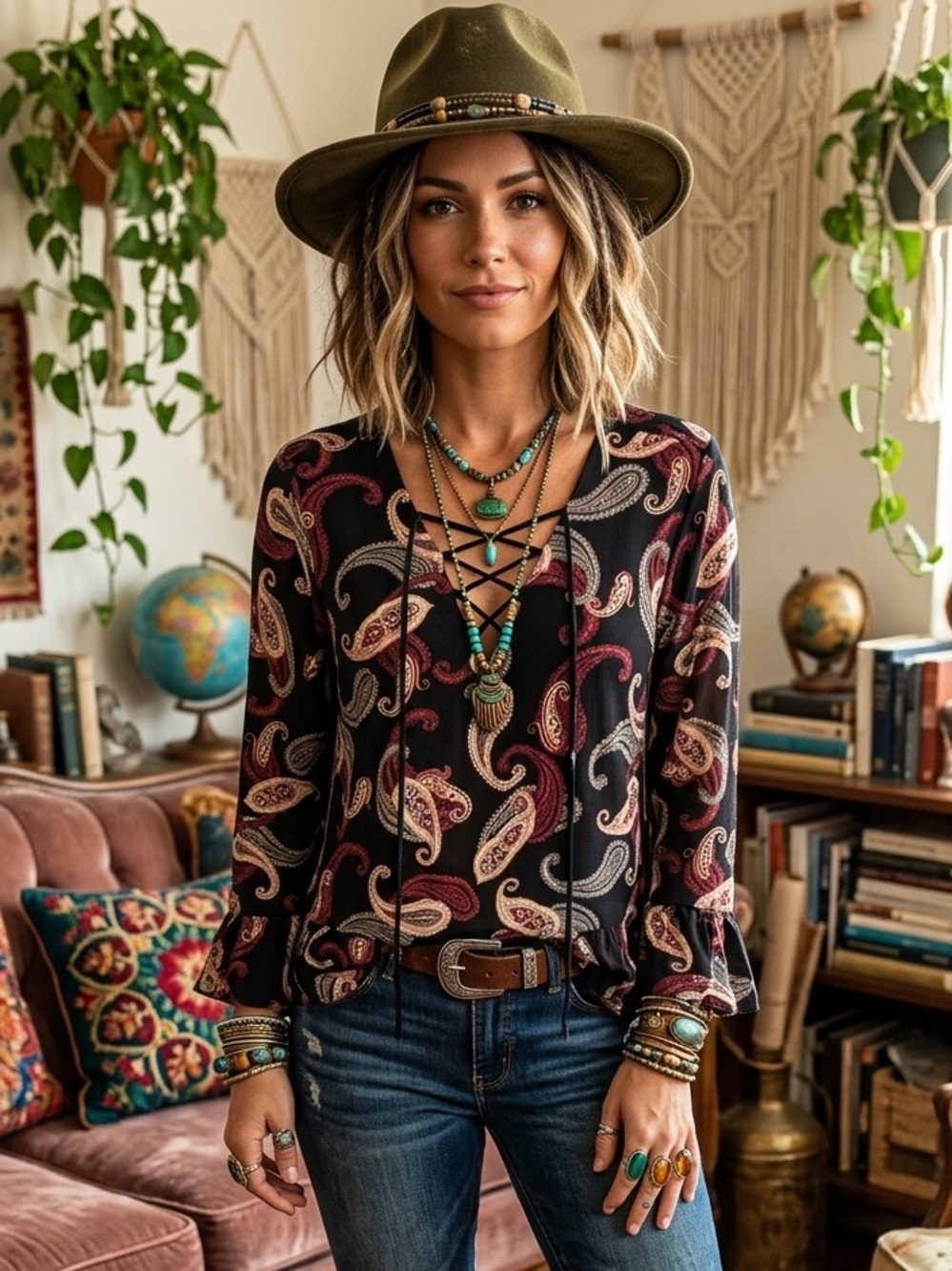 White House Black Market | Paisley Lace-Up Peplum Top XXS